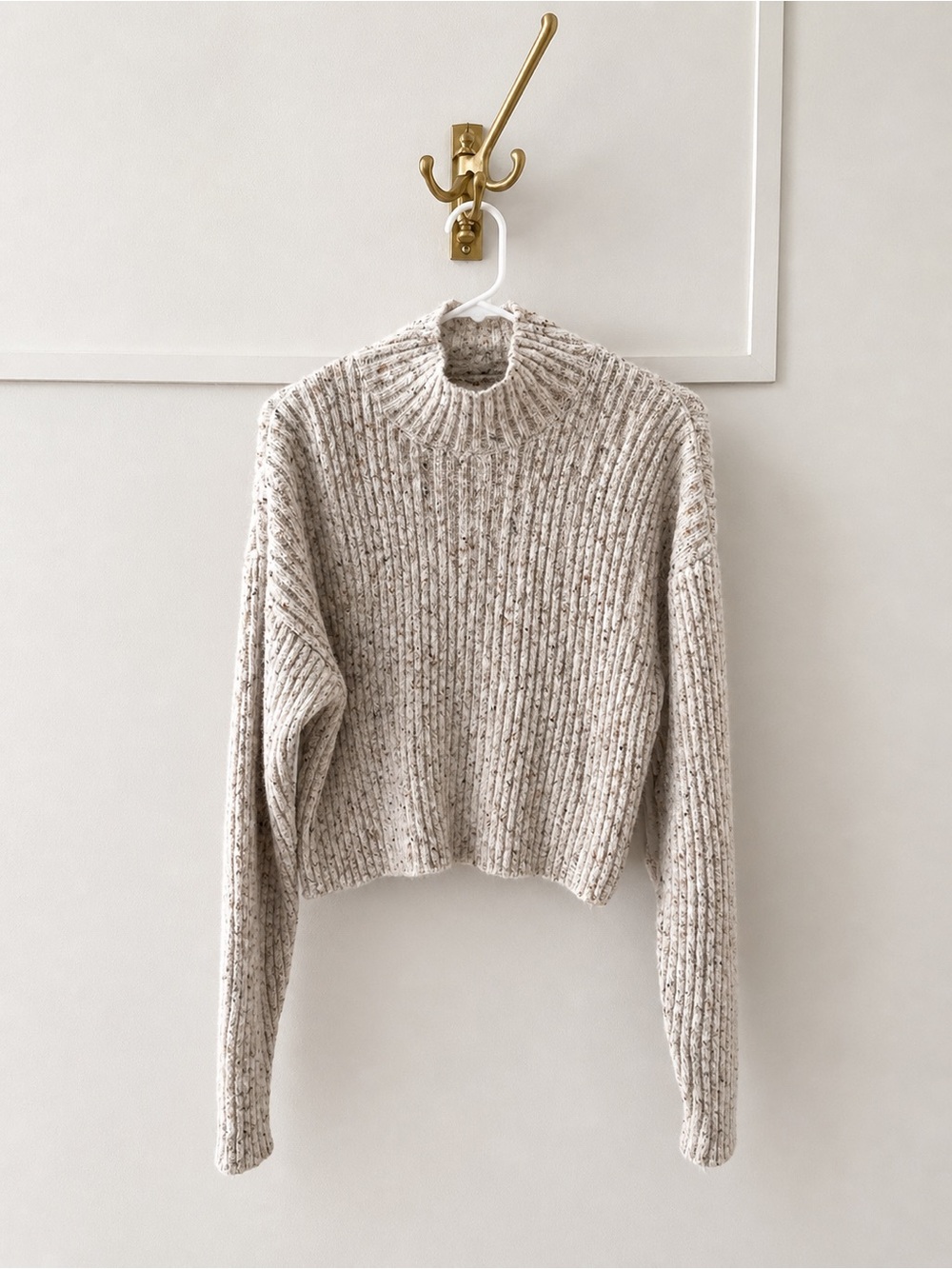 Speckled Cream Ribbed Mock Neck Sweater
